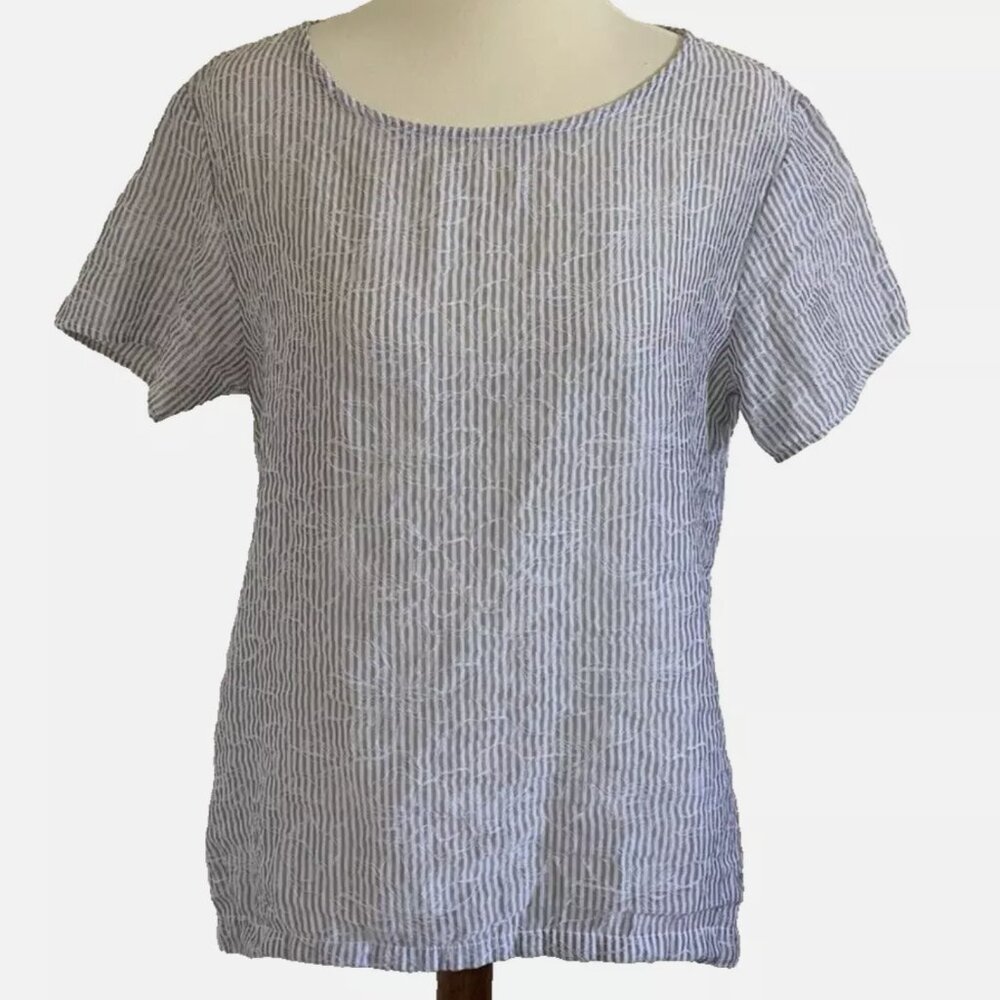 Cut Loose Size M Striped Floral Embroidered Short Sleeve Top High Low Lagenlook